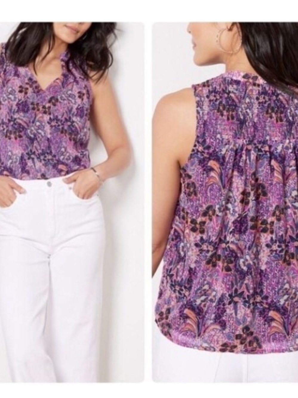 Evereve Brandi Sleeveless Blouse Chiffon Smocked Purple Floral Vneck Layers XL